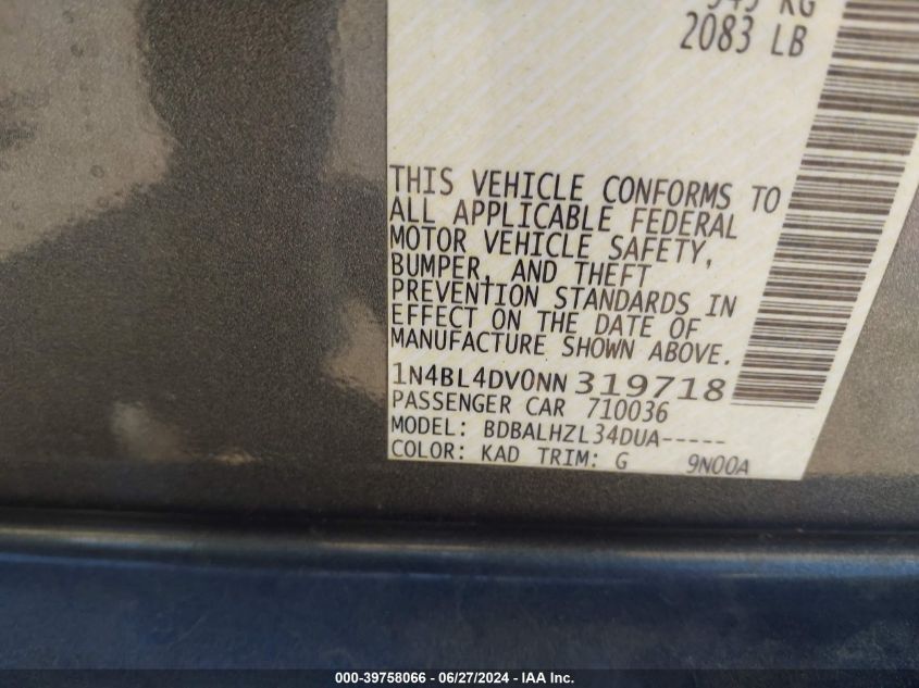 2022 Nissan Altima Sv Fwd VIN: 1N4BL4DV0NN319718 Lot: 39758066