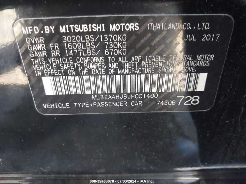 2018 Mitsubishi Mirage Se VIN: ML32A4HJ8JH001400 Lot: 39758078