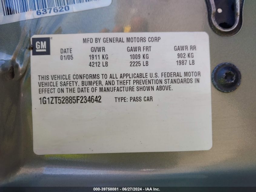 2005 Chevrolet Malibu Ls VIN: 1G1ZT52885F234642 Lot: 39758081