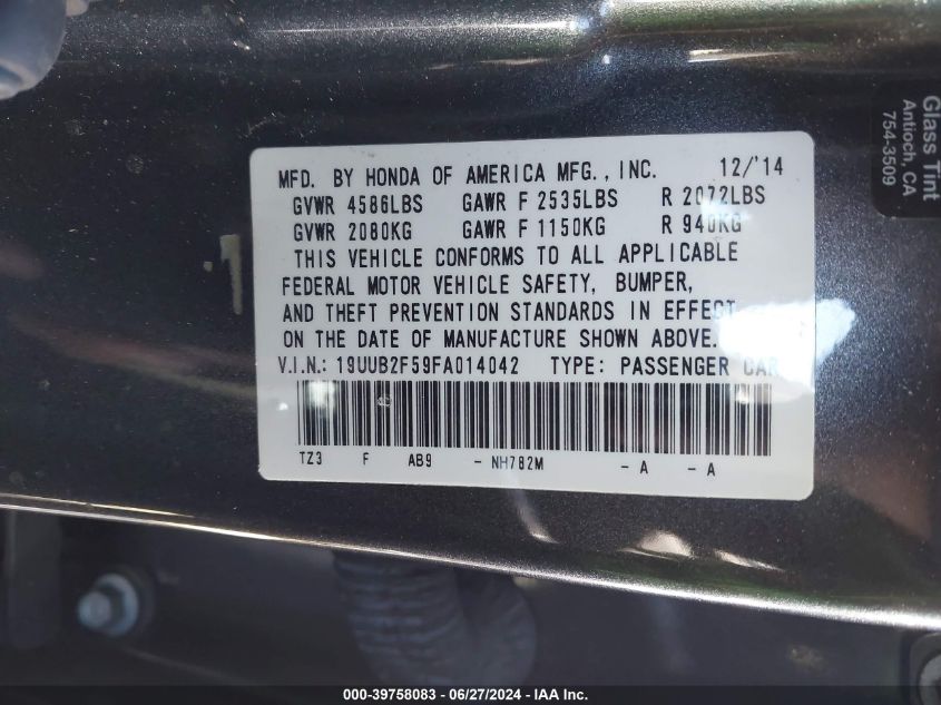 2015 Acura Tlx Tech VIN: 19UUB2F59FA014042 Lot: 39758083