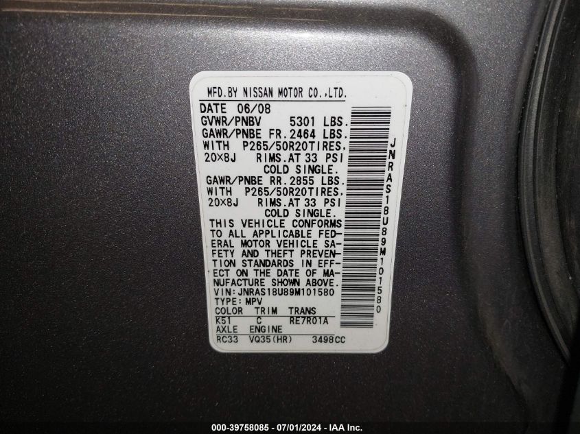 2009 Infiniti Fx35 VIN: JNRAS18U89M101580 Lot: 39758085