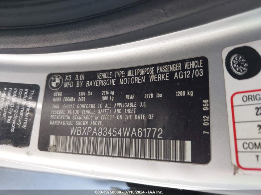 2004 BMW X3 3.0I VIN: WBXPA93454WA61772 Lot: 39758088