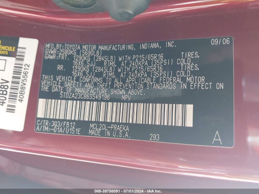 2006 Toyota Sienna Ce VIN: 5TDZA23C86S549196 Lot: 39758091