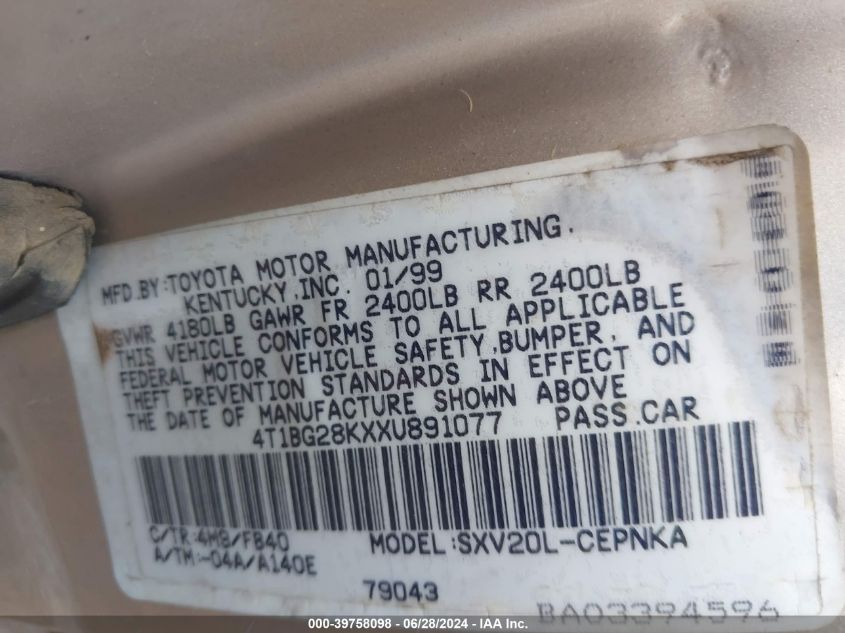 1999 Toyota Camry Le VIN: 4T1BG28KXXU891077 Lot: 39758098