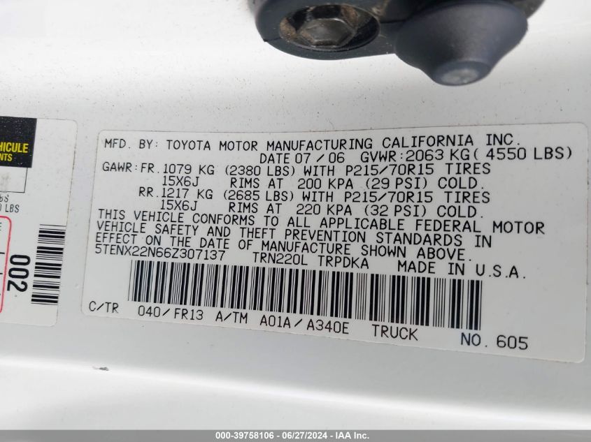 2006 Toyota Tacoma VIN: 5TENX22N66Z307137 Lot: 39758106
