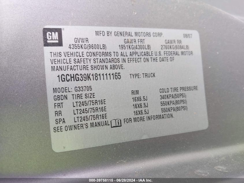 2008 Chevrolet Express G3500 VIN: 1GCHG39K181111165 Lot: 39758115
