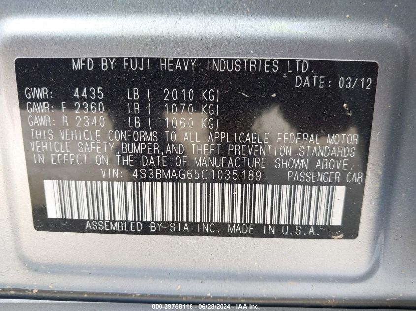 2012 Subaru Legacy 2.5I Premium VIN: 4S3BMAG65C1035189 Lot: 39758116