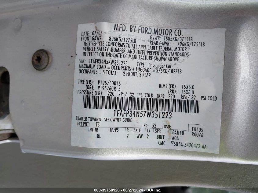 2007 Ford Focus S/Se/Ses VIN: 1FAFP34N57W351223 Lot: 39758120