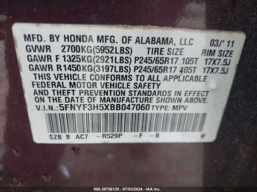 2011 Honda Pilot Ex-L VIN: 5FNYF3H5XBB047060 Lot: 39758125