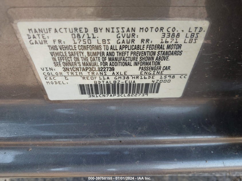 2012 Nissan Versa 1.6 Sv VIN: 3N1CN7AP3CL822739 Lot: 39758155