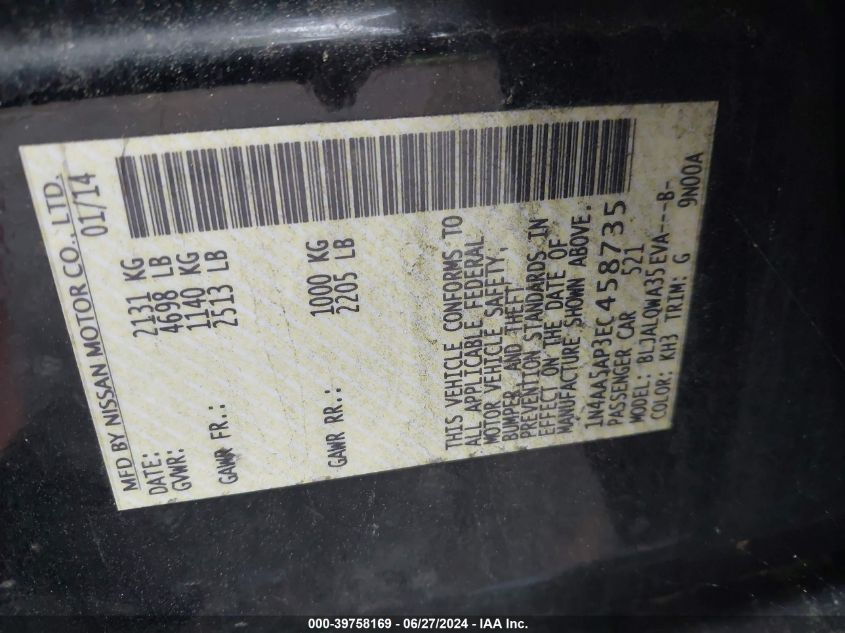 2014 Nissan Maxima 3.5 S/3.5 Sv VIN: 1N4AA5AP3EC458735 Lot: 39758169