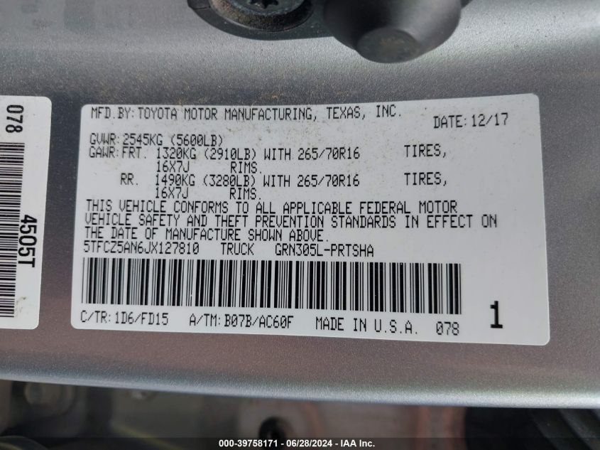 2018 Toyota Tacoma Trd Off Road VIN: 5TFCZ5AN6JX127810 Lot: 39758171
