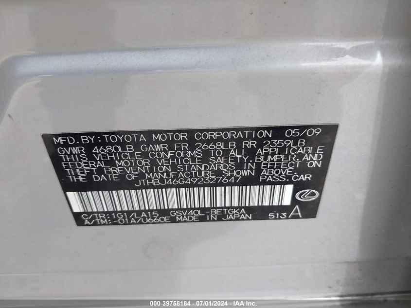 2009 Lexus Es 350 VIN: JTHBJ46G492327647 Lot: 39758184