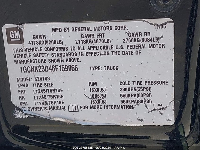 2006 Chevrolet Silverado 2500Hd Lt1 VIN: 1GCHK23D46F159066 Lot: 39758185
