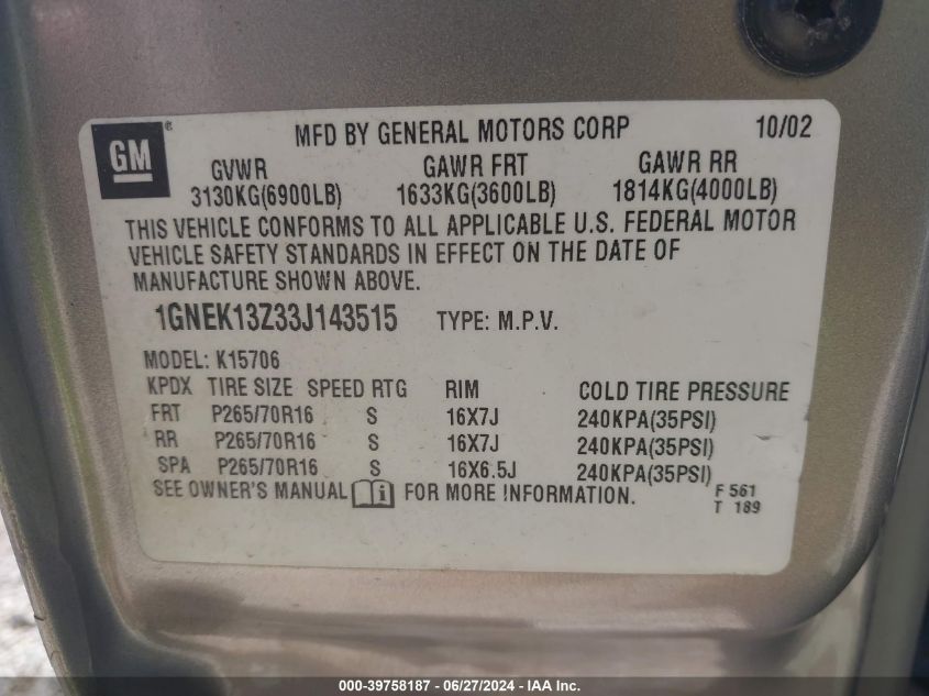 2003 Chevrolet Tahoe Lt VIN: 1GNEK13Z33J143515 Lot: 39758187