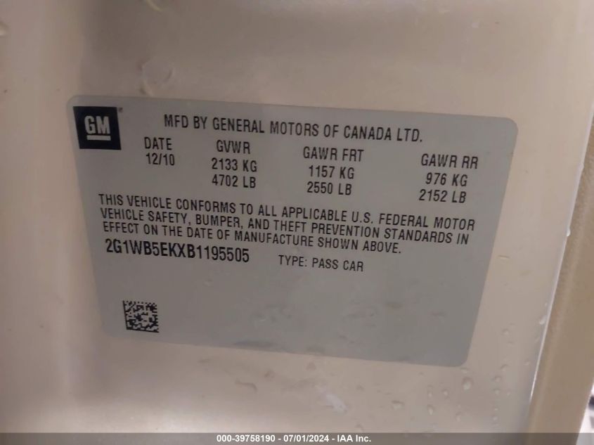 2011 Chevrolet Impala Lt VIN: 2G1WB5EKXB1195505 Lot: 39758190