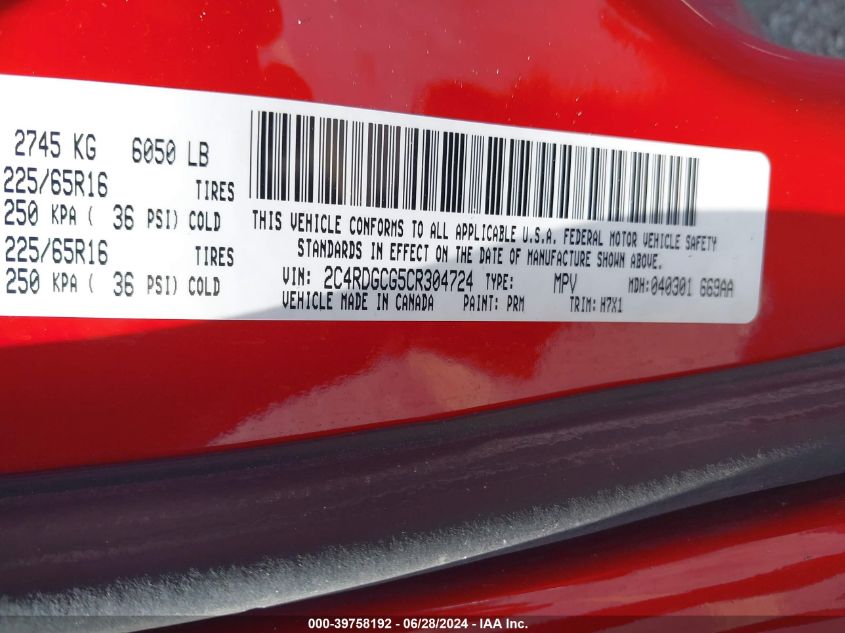 2012 Dodge Grand Caravan Sxt VIN: 2C4RDGCG5CR304724 Lot: 39758192