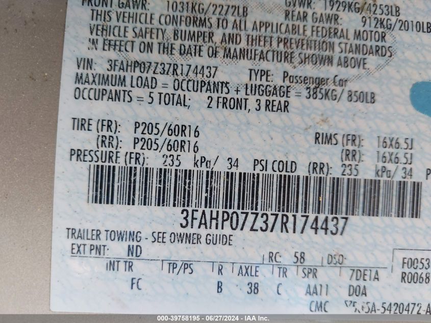 2007 Ford Fusion Se VIN: 3FAHP07Z37R174437 Lot: 39758195