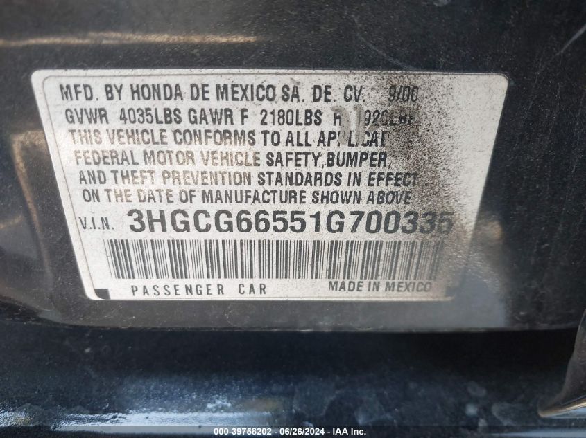 2001 Honda Accord 2.3 Lx VIN: 3HGCG66551G700335 Lot: 39758202