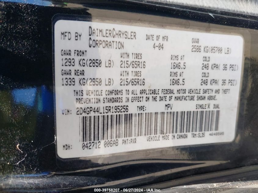 2005 Dodge Grand Caravan Sxt VIN: 2D4GP44L15R195256 Lot: 39758207