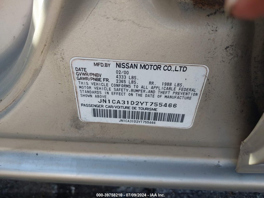 2000 Nissan Maxima Gle/Gxe/Se VIN: JN1CA31D2YT755466 Lot: 39758210