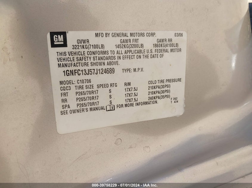 2007 Chevrolet Tahoe Lt VIN: 1GNFC13J57J124689 Lot: 39758229