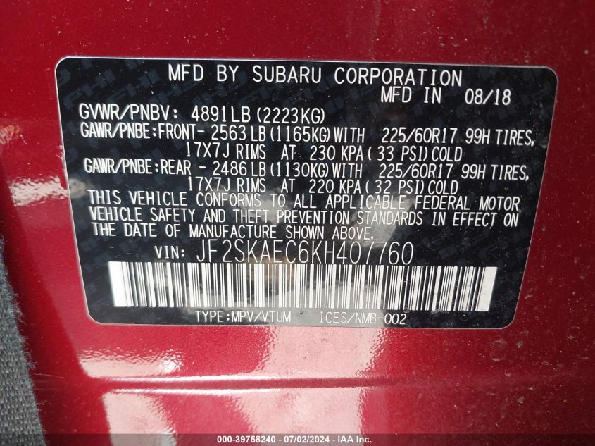 2019 Subaru Forester Premium VIN: JF2SKAEC6KH407760 Lot: 39758240