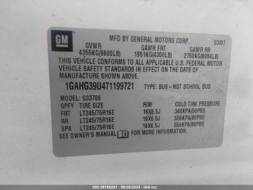 2007 Chevrolet Express Ls VIN: 1GAHG39U471199721 Lot: 39758281
