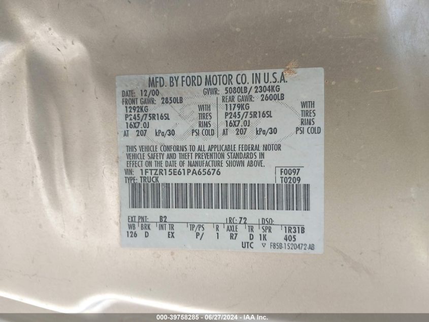 2001 Ford Ranger Edge/Xlt VIN: 1FTZR15E61PA65676 Lot: 39758285