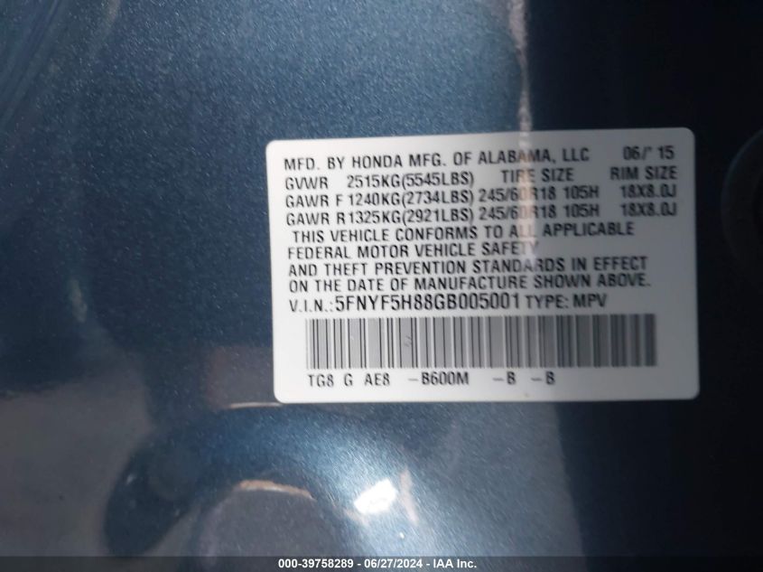 2016 Honda Pilot Exl VIN: 5FNYF5H88GB005001 Lot: 39758289