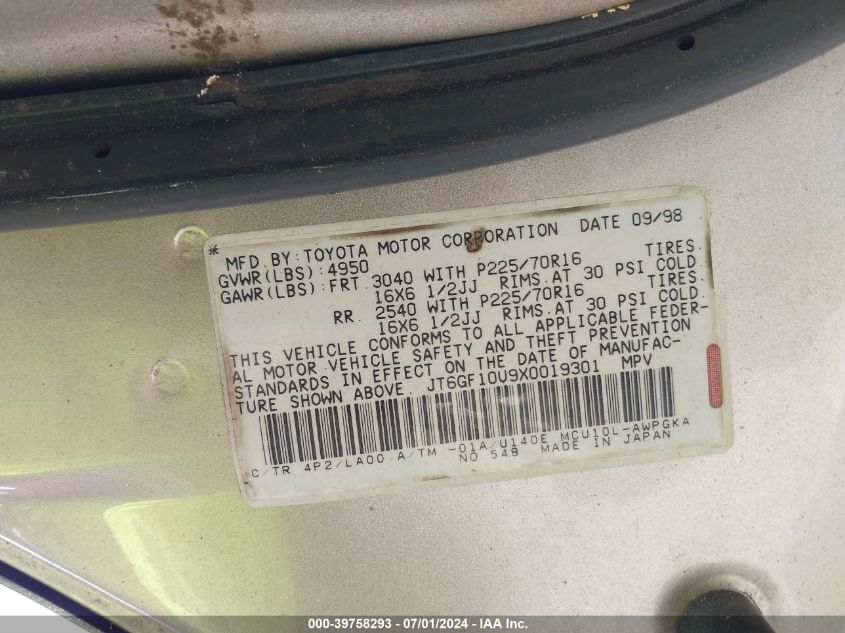 1999 Lexus Rx 300 VIN: JT6GF10U9X0019301 Lot: 39758293