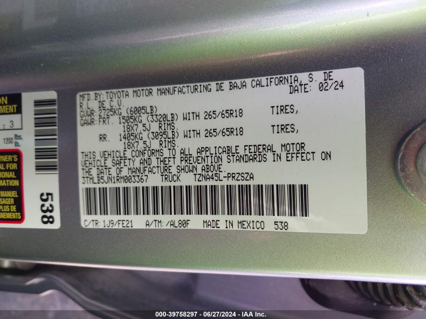 2024 Toyota Tacoma Trd Sport VIN: 3TMLB5JN1RM003367 Lot: 39758297