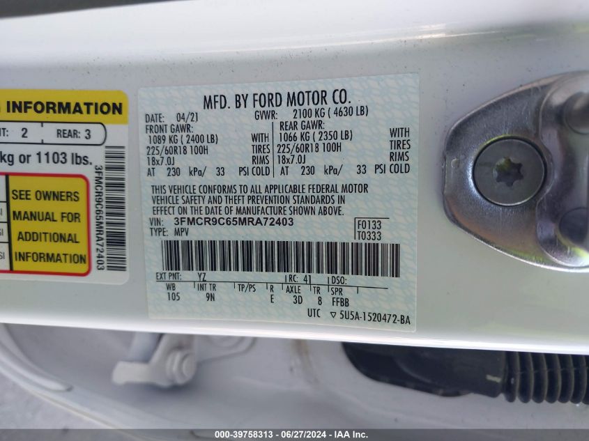 2021 Ford Bronco Sport Outer Banks VIN: 3FMCR9C65MRA72403 Lot: 39758313