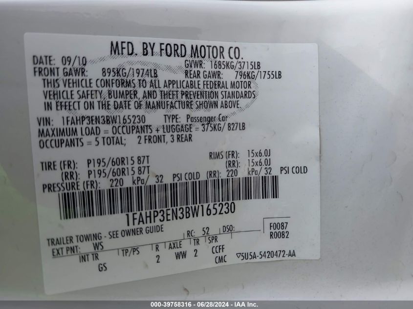 2011 Ford Focus S VIN: 1FAHP3EN3BW165230 Lot: 39758316