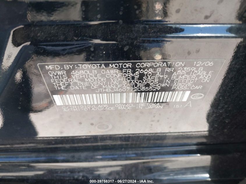 2007 Lexus Es 350 VIN: JTHBJ46G772085529 Lot: 39758317