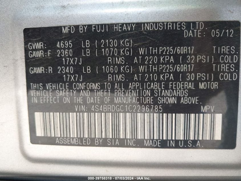 2012 Subaru Outback 3.6R Premium VIN: 4S4BRDGC1C2296785 Lot: 39758318