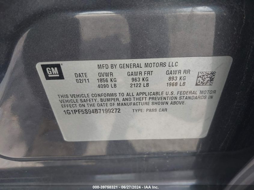 2011 Chevrolet Cruze 1Lt VIN: 1G1PF5S94B7199272 Lot: 39758321