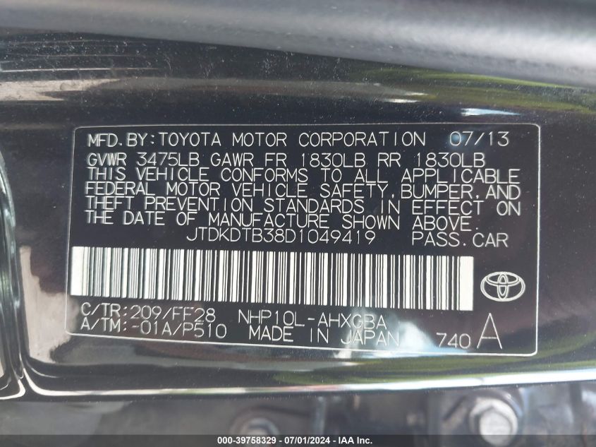 2013 Toyota Prius C Three VIN: JTDKDTB38D1049419 Lot: 39758329