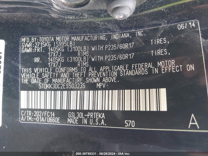 2014 Toyota Sienna Le V6 8 Passenger VIN: 5TDKK3DC2ES503235 Lot: 39758331