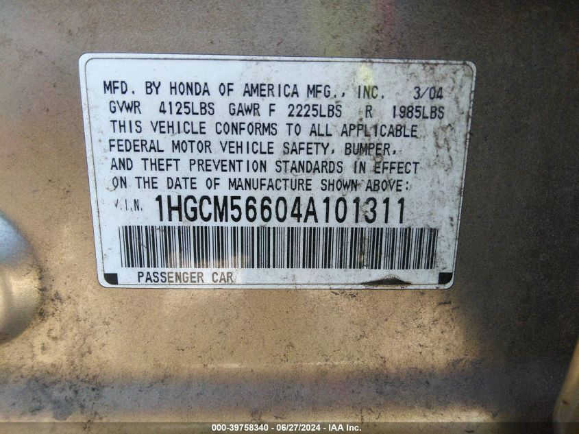 2004 Honda Accord 2.4 Ex VIN: 1HGCM56604A101311 Lot: 39758340