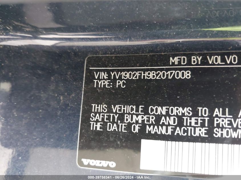 2011 Volvo S60 T6 VIN: YV1902FH9B2017008 Lot: 39758341