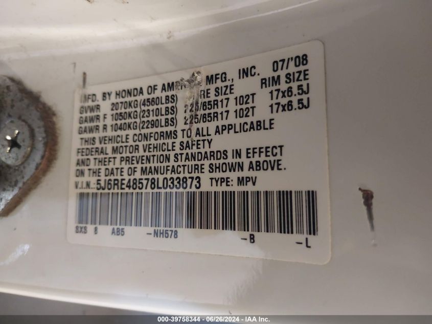 2008 Honda Cr-V Ex VIN: 5J6RE48578L033873 Lot: 39758344