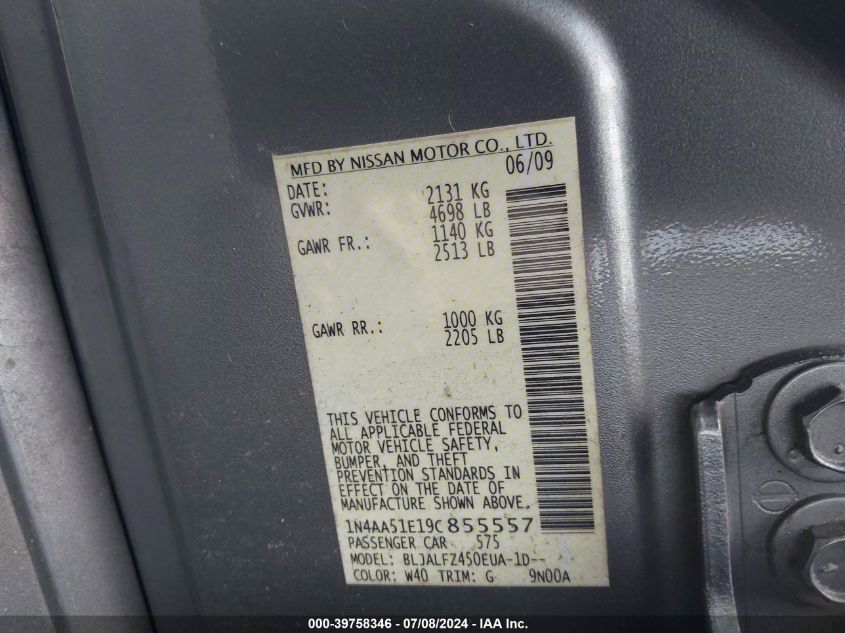 2009 Nissan Maxima 3.5 Sv VIN: 1N4AA51E19C855557 Lot: 39758346