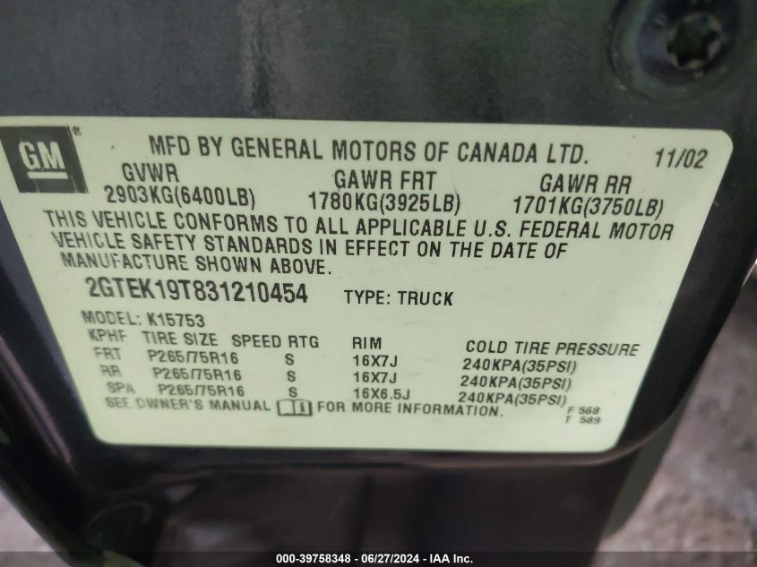 2003 GMC Sierra 1500 Slt VIN: 2GTEK19T831210454 Lot: 39758348