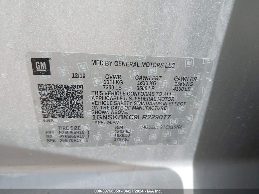 2020 Chevrolet Tahoe K1500 Lt VIN: 1GNSKBKC9LR229077 Lot: 39758359