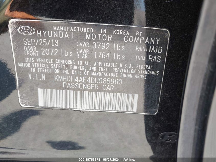 2013 Hyundai Elantra Gls VIN: KMHDH4AE4DU985960 Lot: 39758378