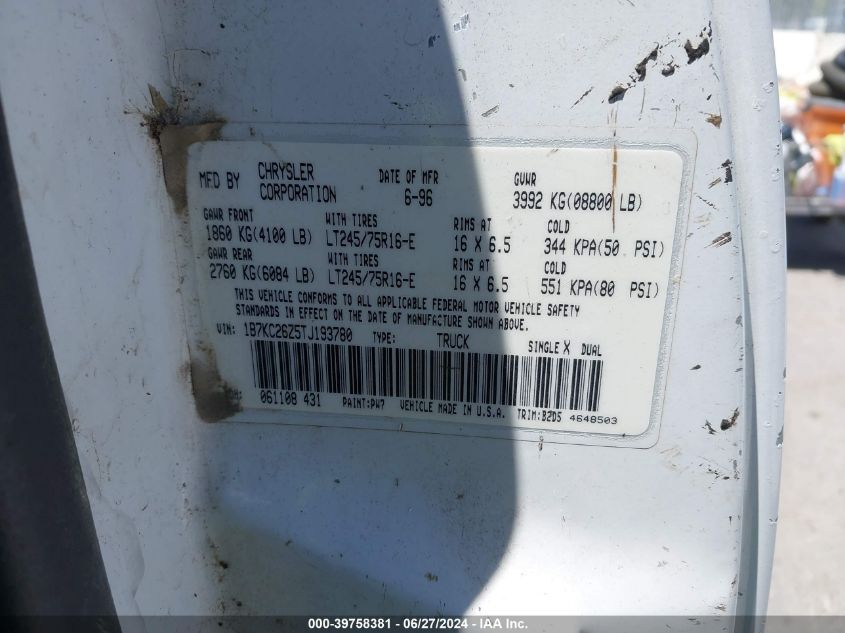 1996 Dodge Ram 2500 VIN: 1B7KC26Z5TJ193780 Lot: 39758381