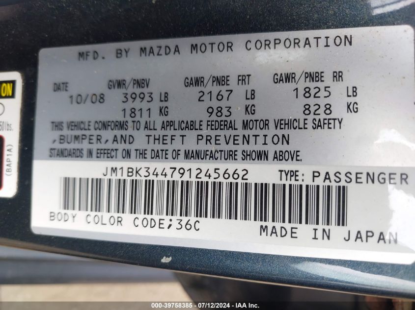 JM1BK344791245662 2009 Mazda Mazda3 S Sport