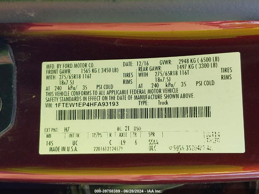 2017 Ford F-150 Xlt VIN: 1FTEW1EP4HFA93193 Lot: 39758389