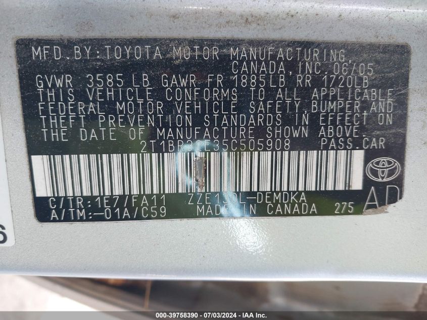 2005 Toyota Corolla Ce VIN: 2T1BR32E35C505908 Lot: 39758390